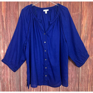 Charter Club Woman Blue 100% Linen Top Button Front Eyelet Plus Size 3X